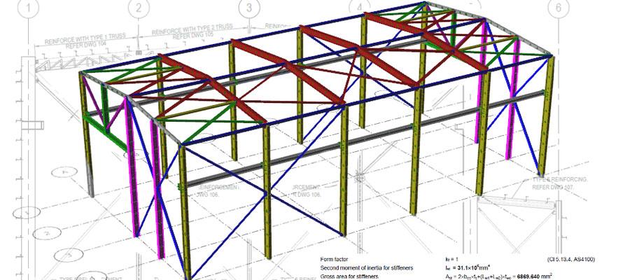 Advanced structural analysis overlay of industrial shed infrastructure assessing structural performance, compliance risks and operational reliability.