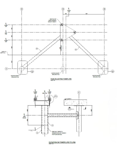 Structural engineering design of new lighting tower and piling infrastructure for port berth and mining facility operations.