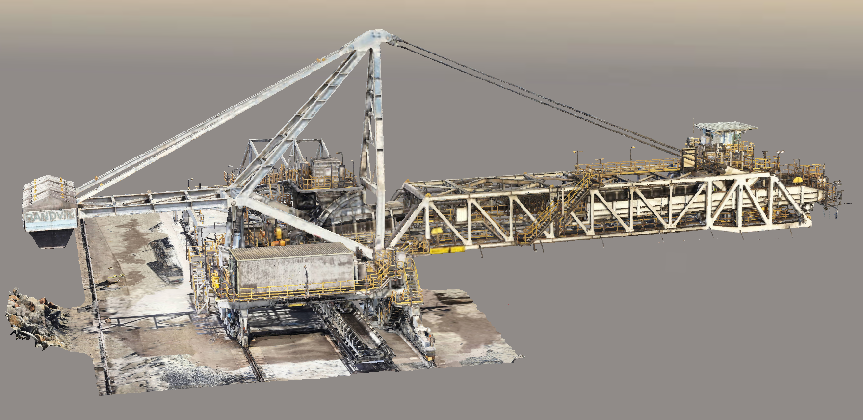 3D reality photogrammetry model of a barge loader generated from drone survey data for structural assessment and asset management.