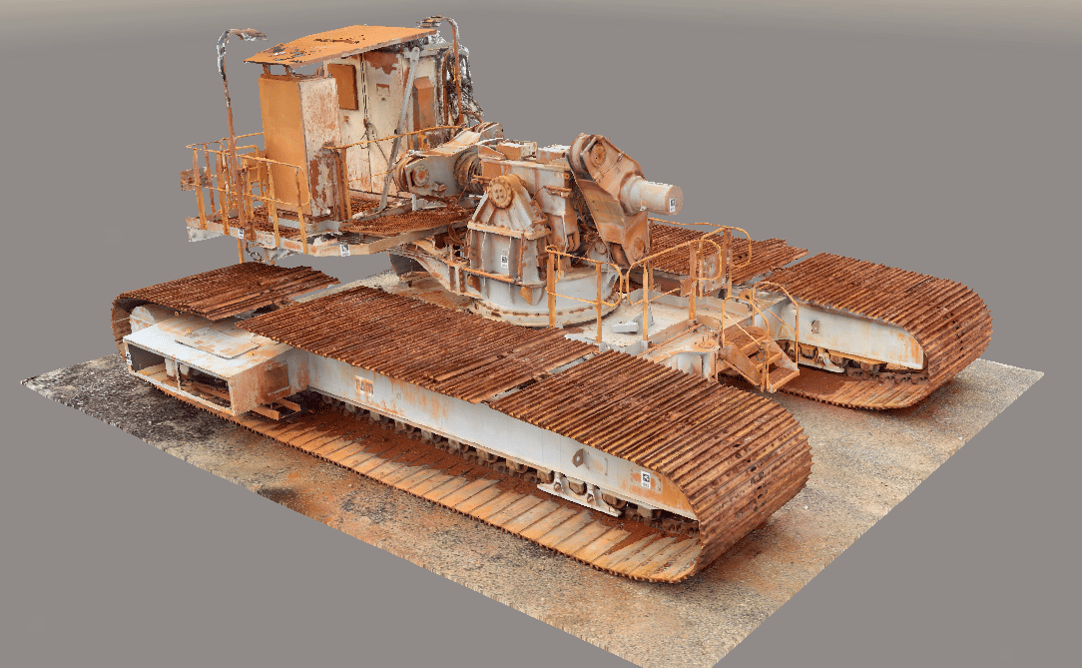 3D reality photogrammetry model of a crawler generated from drone survey data for structural assessment and asset management.