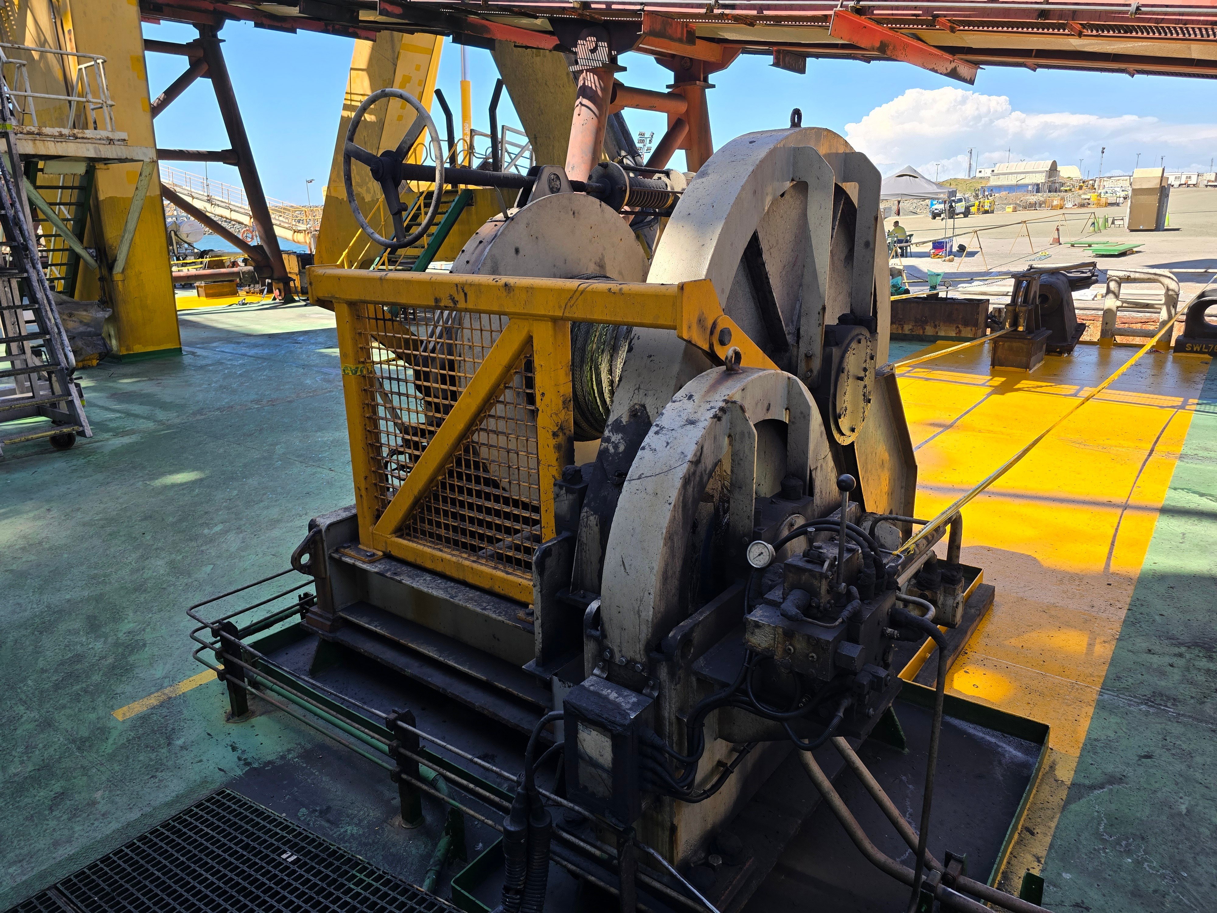 Structural design installation of mooring winch guard to improve operational safety and equipment protection in industrial environments.